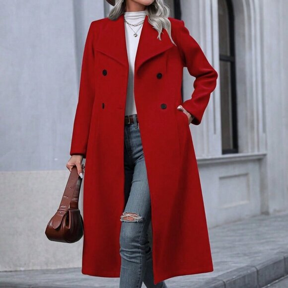 Red Casual Women's Woolen Coat With Button Fastening - Picture 4 of 6